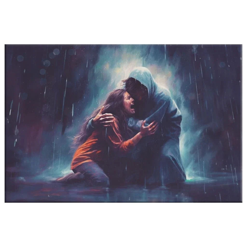 christian art jesus holds a woman in the storm wall art canvas (Landscape) (view 4)