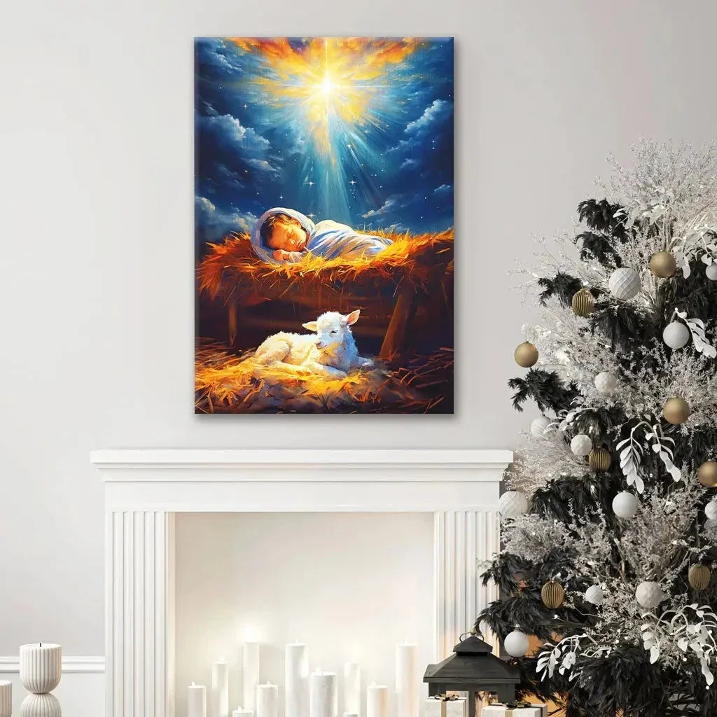 baby jesus with a lamb baby jesus in the manger wall art canvas (view 5)
