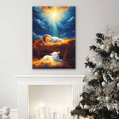 baby jesus with a lamb baby jesus in the manger wall art canvas (view 5)