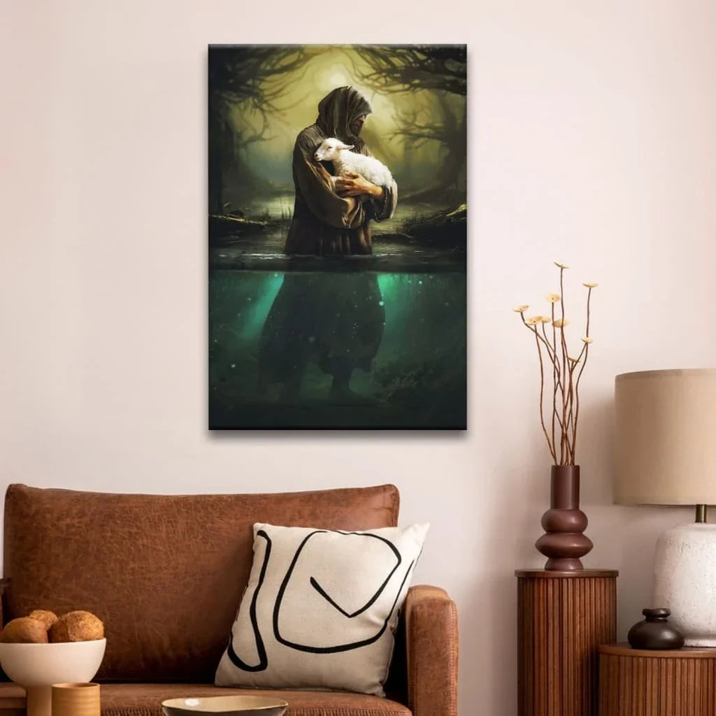 christian wall art jesus as shepherd carrying lamb through the waters canvas (view 4)