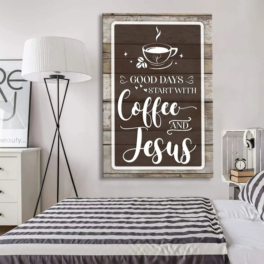 christian wall art rustic good days start with coffee and jesus canvas (Landscape) (view 4)