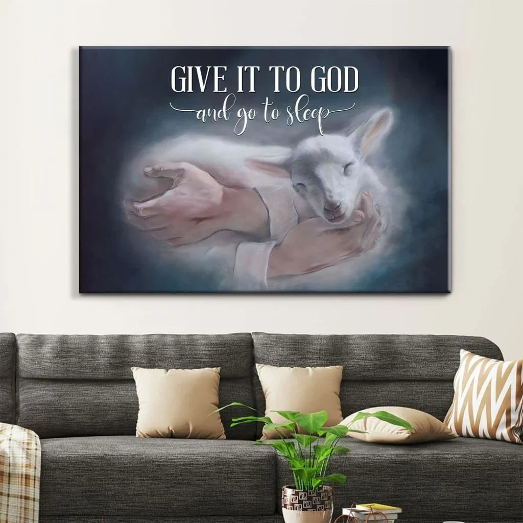 jesus holding a lamb give it to god and go to sleep wall art canvas print (Landscape) (view 4)