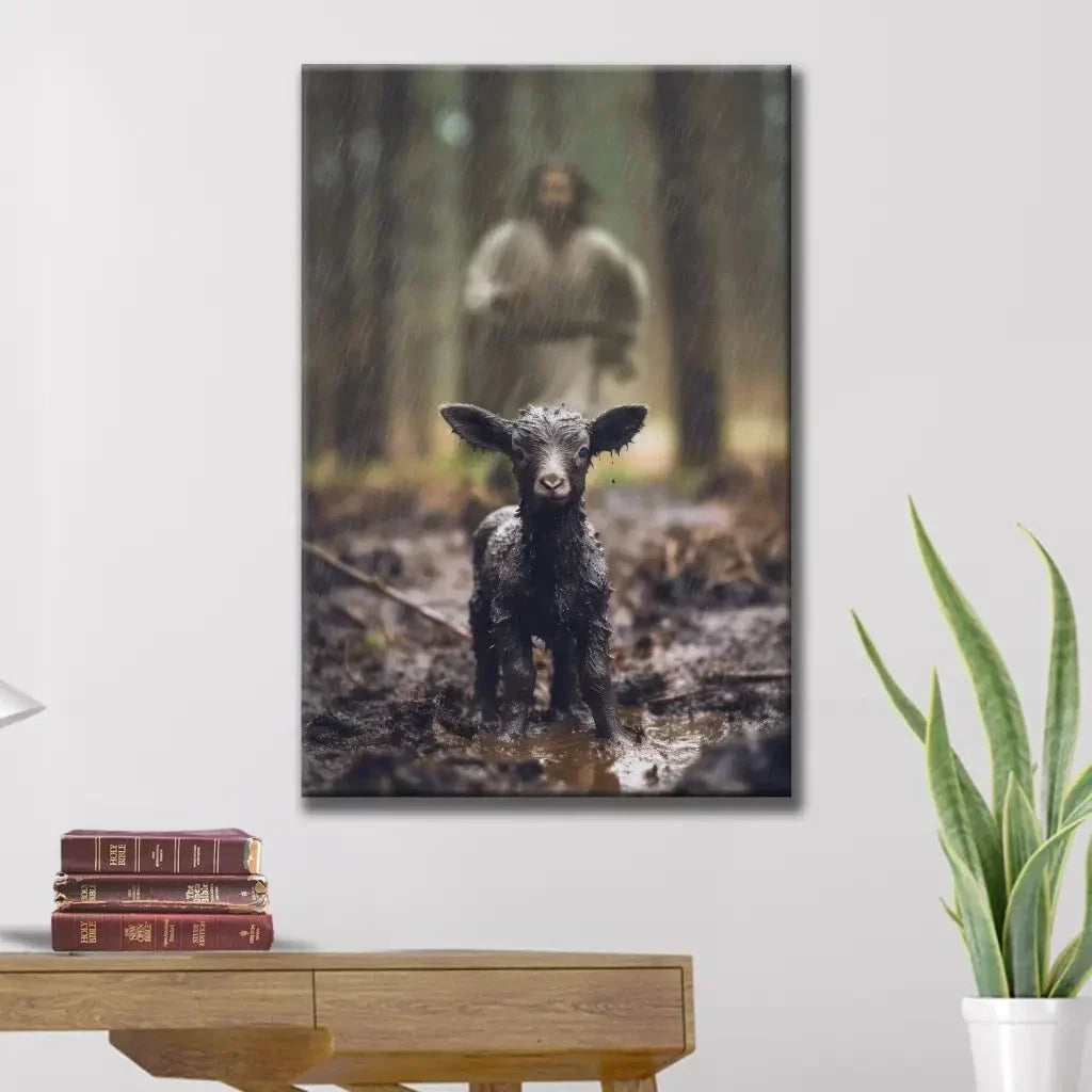 christian wall art jesus runs after his lost sheep in the rainy forest canvas (view 4)