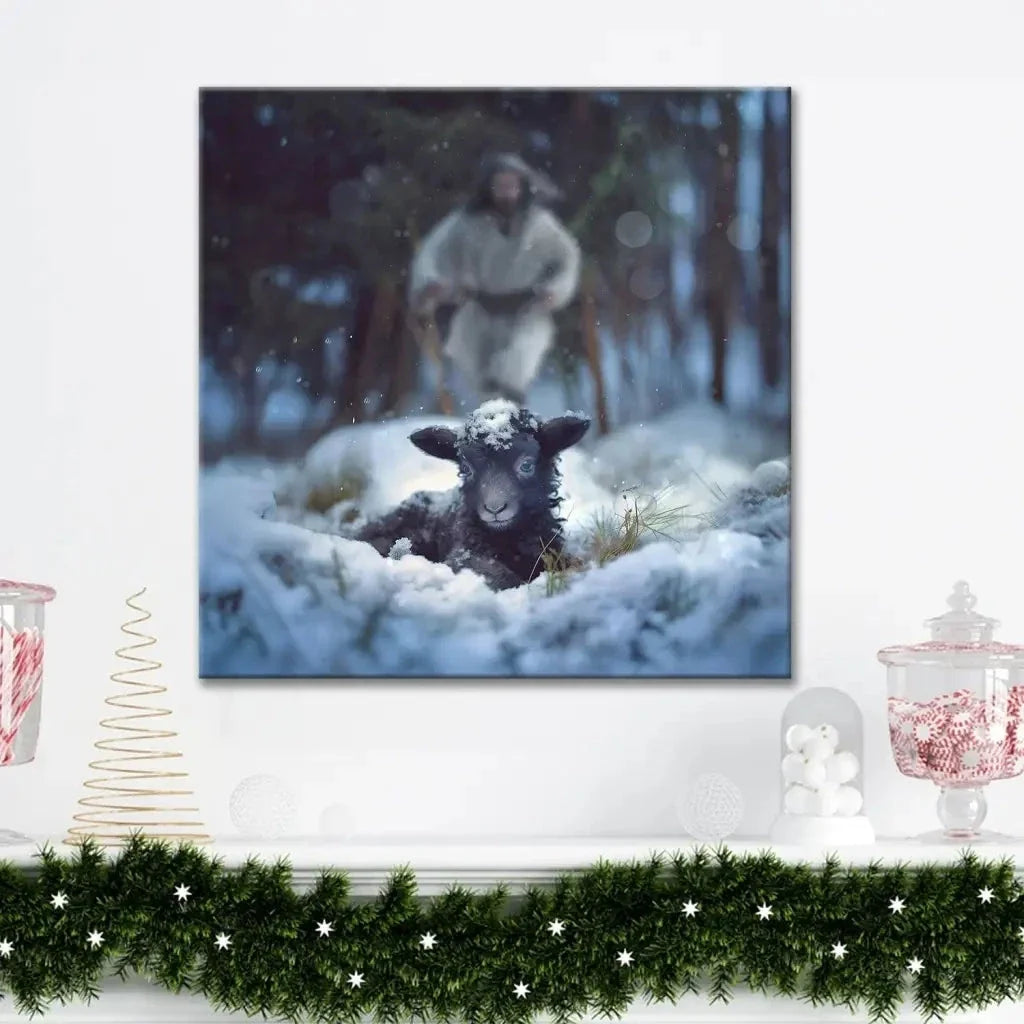 jesus running to rescue a lost sheep in a snowy forest wall art canvas (Landscape) (view 4)