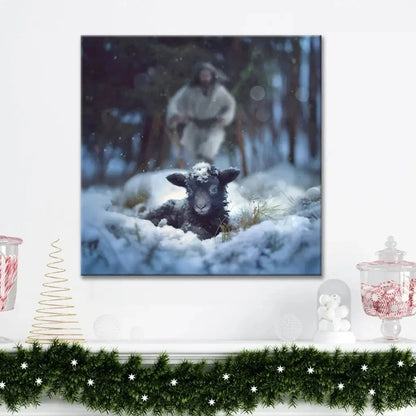 jesus running to rescue a lost sheep in a snowy forest wall art canvas (Landscape) (view 4)