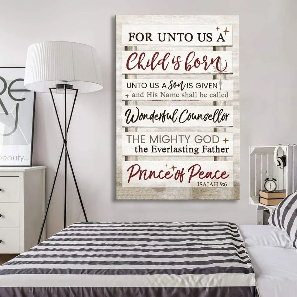 for unto us a child is born isaiah 9 6 christmas wall art canvas print (Landscape) (view 4)