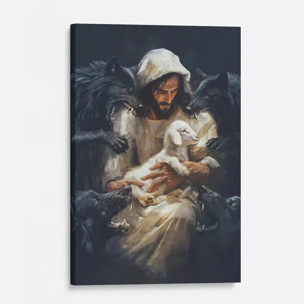 jesus the good shepherd protecting his lamb from the wolves wall art canvas print (view 3)