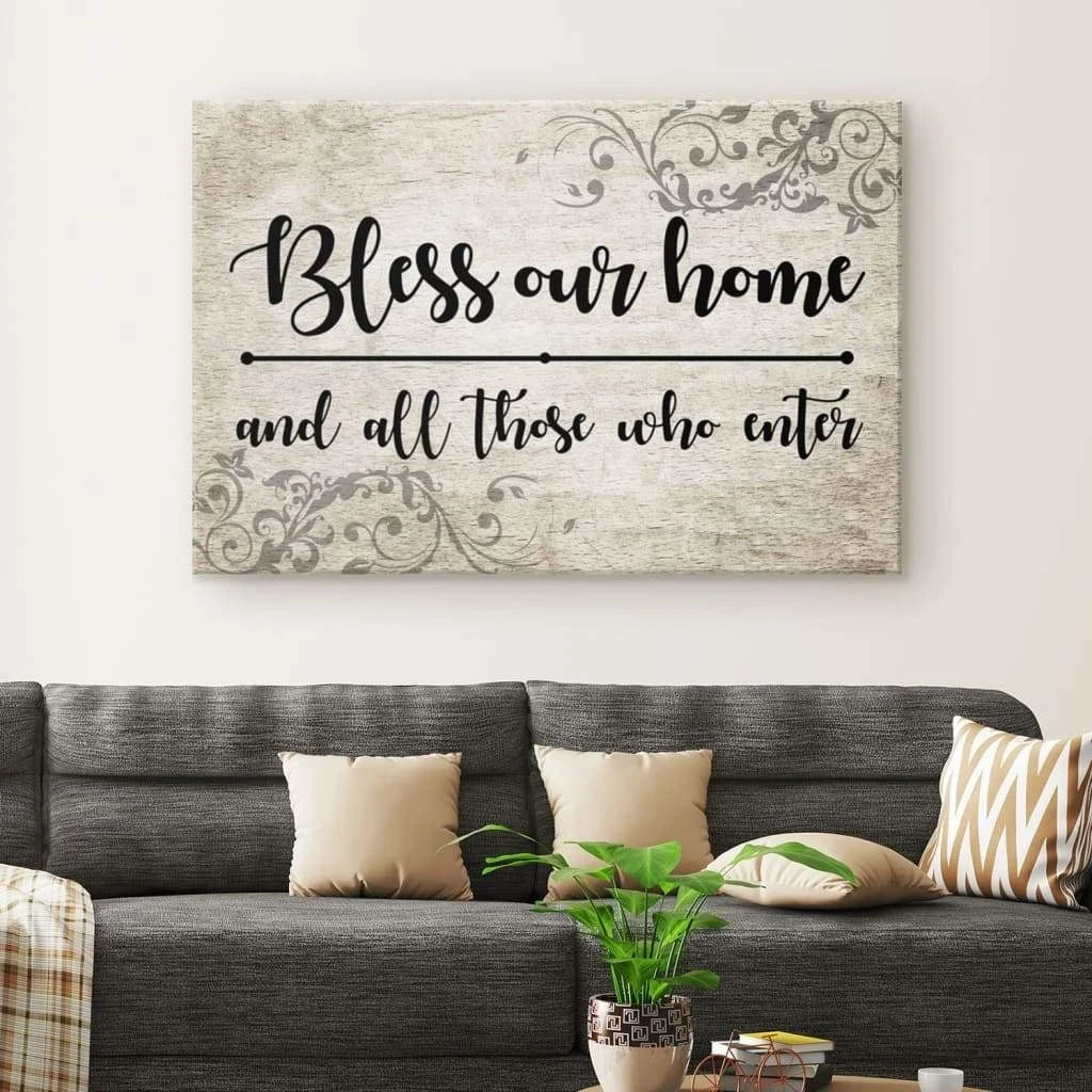 bless our home and all those who enter canvas print welcome wall art (Landscape) (view 3)