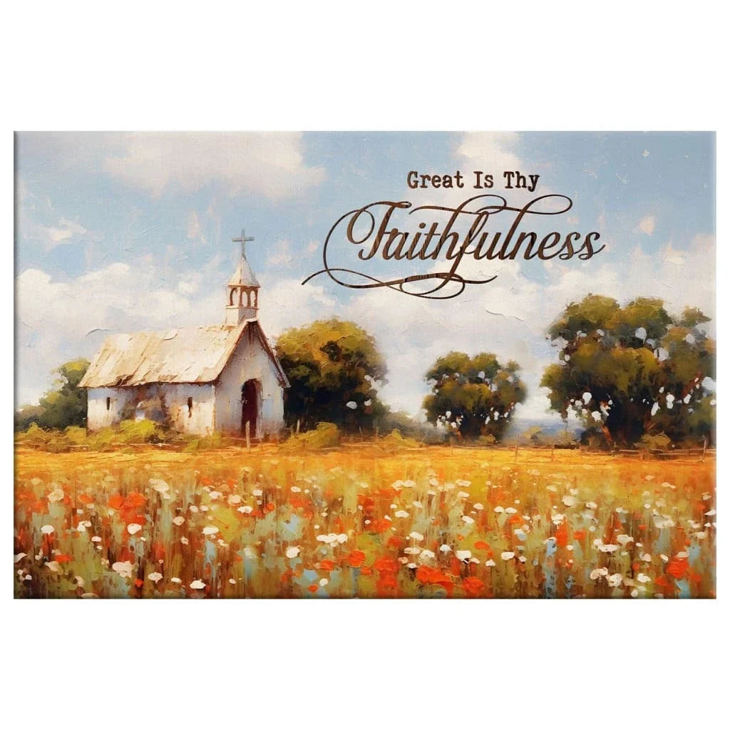great is thy faithfulness wall art old chapel in a field christian canvas print (Landscape)