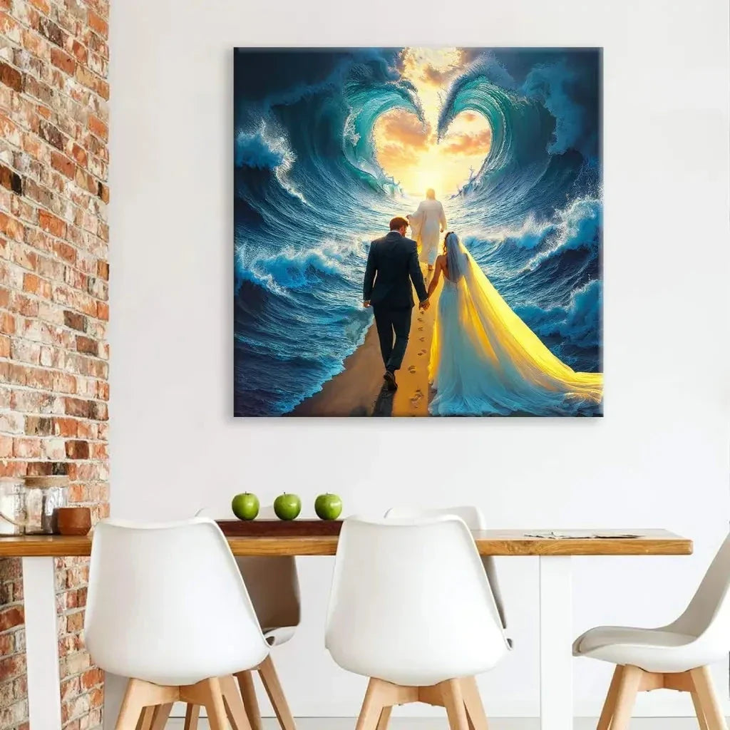 jesus leading a married couple through parted sea wall art canvas (view 7)