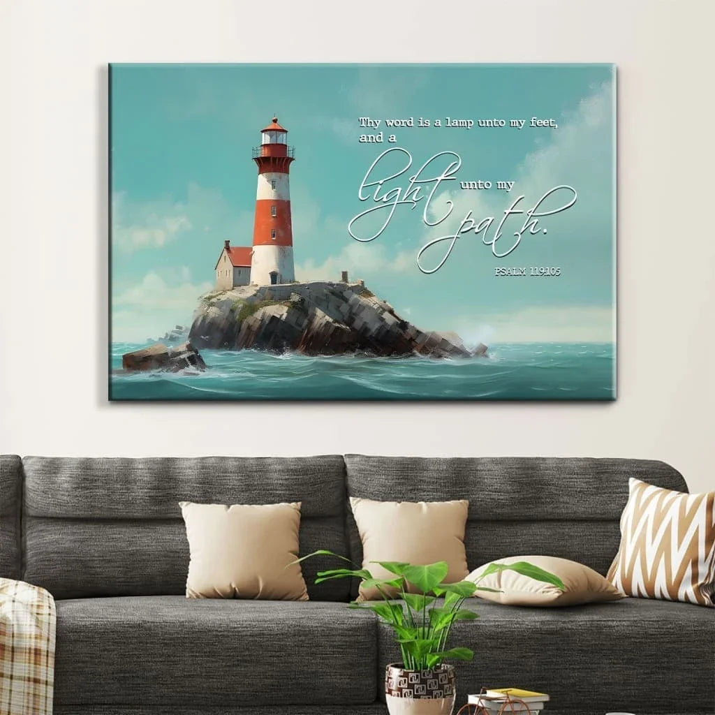lighthouse psalm 119 105 thy word is a lamp wall art canvas (Landscape) (view 3)