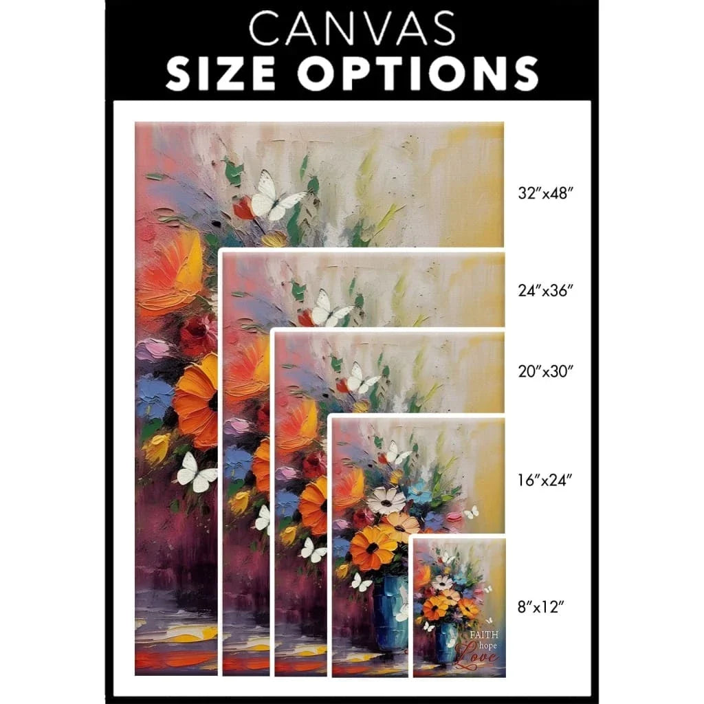 faith hope love butterfly vase with flowers wall art canvas print (view 2)