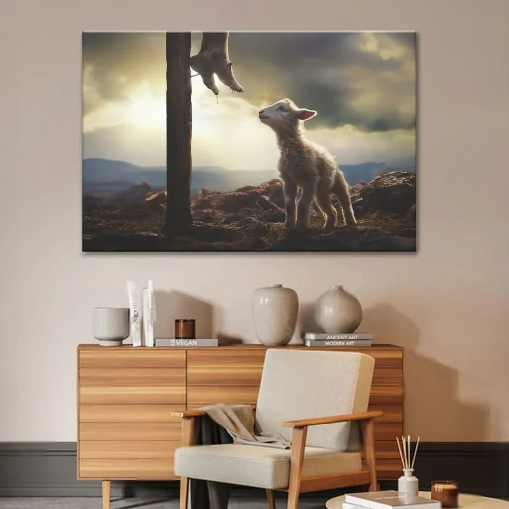 lamb looking up at feet of jesus wall art canvas (Landscape) (view 2)