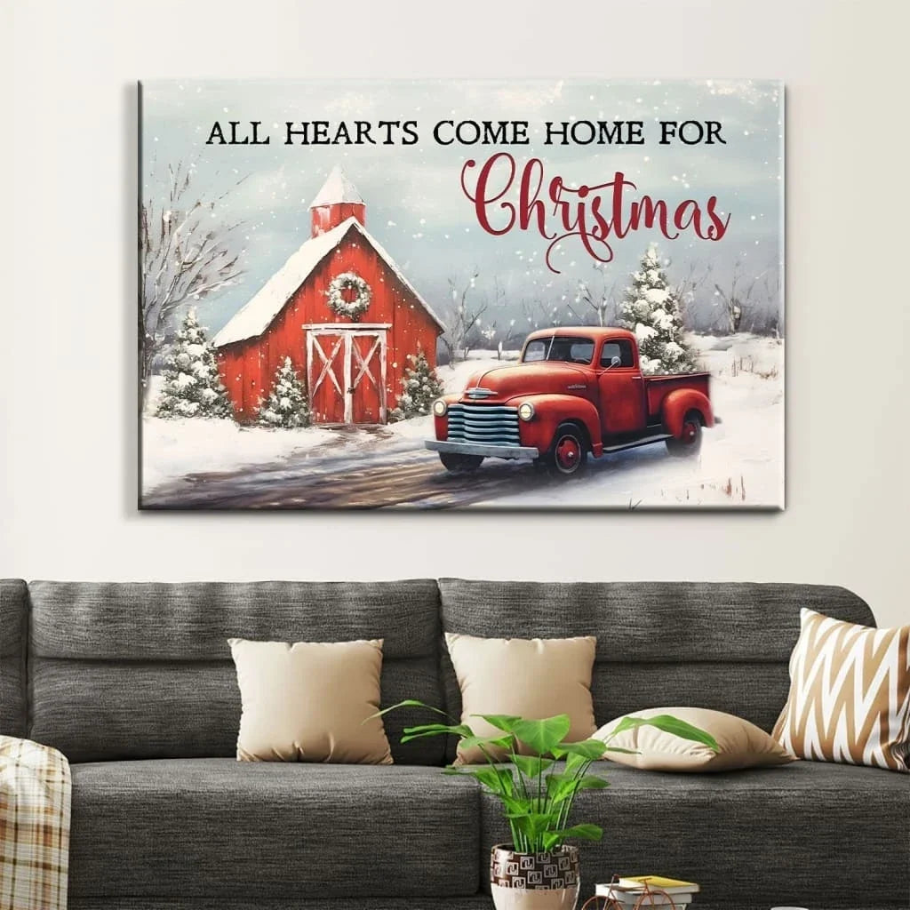 all hearts come home for christmas red barn and car christmas tree wall art canvas (Landscape) (view 2)