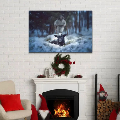 jesus running to rescue a lost sheep in a snowy forest wall art canvas (Landscape) (view 5)