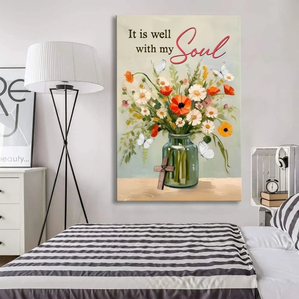 it is well with my soul wall art flowers in jar christian canvas print (Landscape) (view 3)