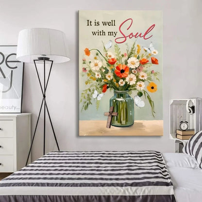 it is well with my soul wall art flowers in jar christian canvas print (Landscape) (view 3)
