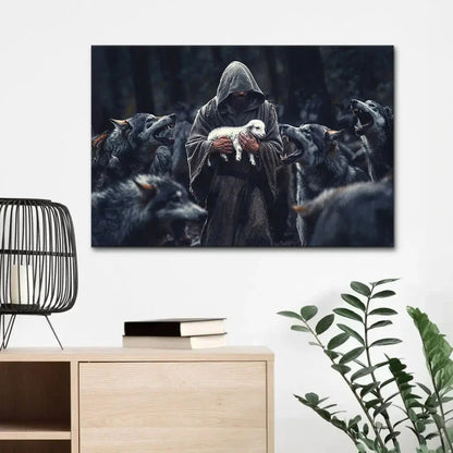 jesus the shepherd protects the lamb from the wolves canvas print (Landscape) (view 5)