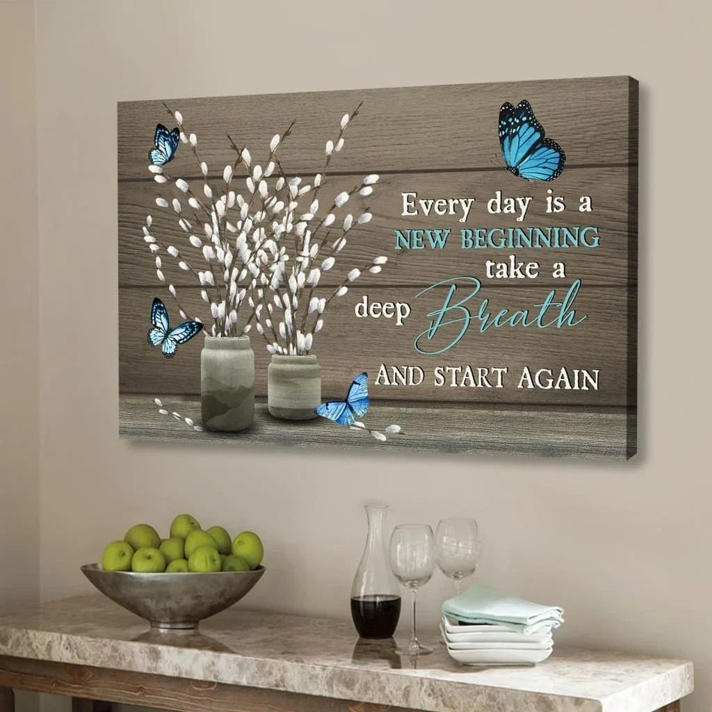 every day is a new beginning butterfly flower christian wall art canvas (Landscape) (view 4)