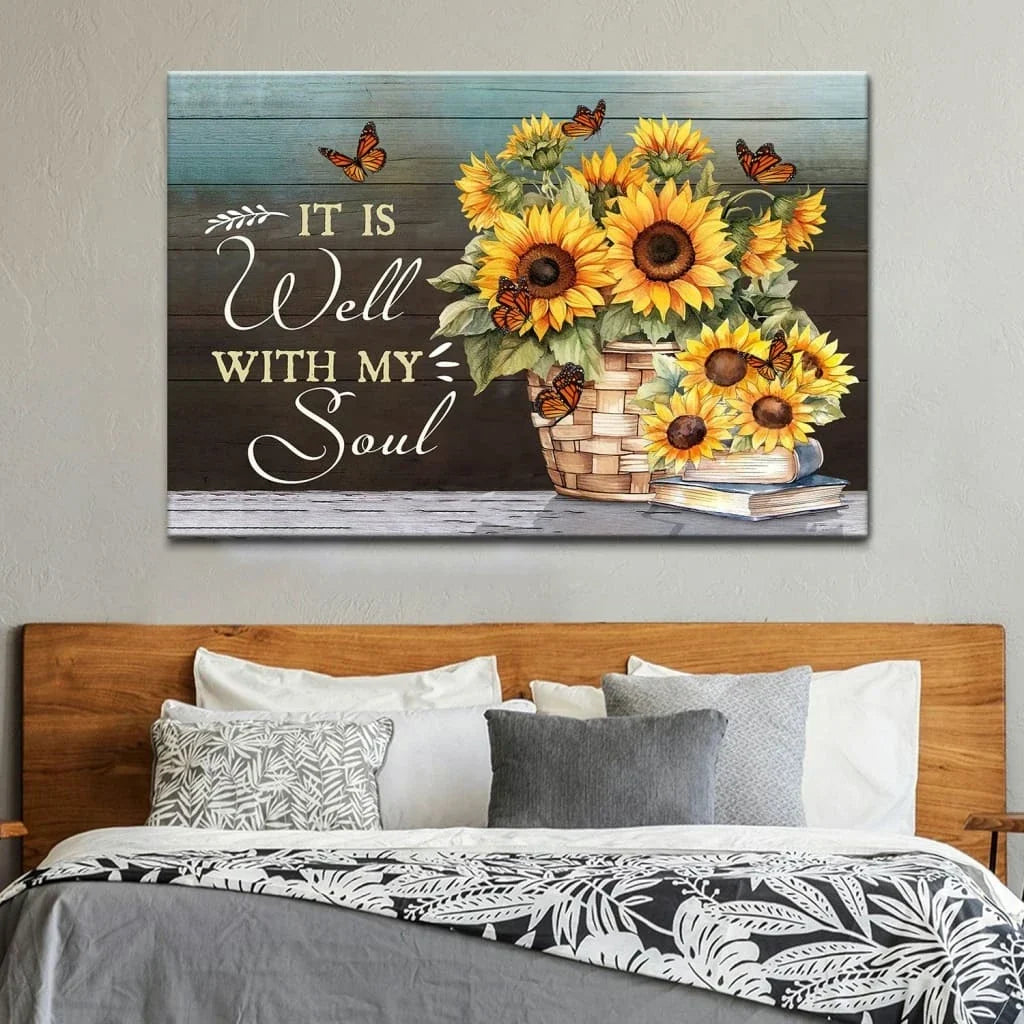 it is well with my soul canvas butterflies and sunflowers inspirational christian wall art (Landscape) (view 3)