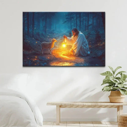 jesus rescues lamb at night wall art canvas (Landscape) (view 7)