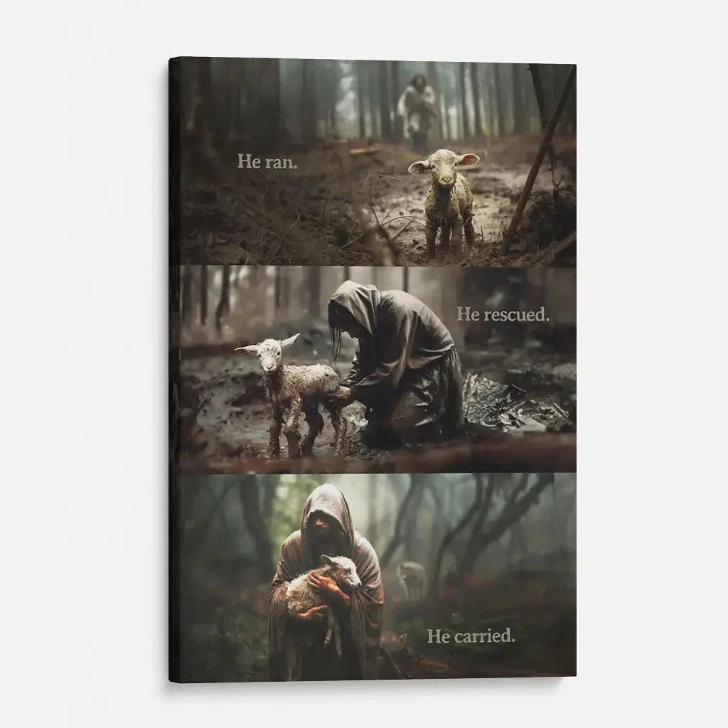 he ran he rescued he carried jesus and lost sheep wall art canvas (view 10)