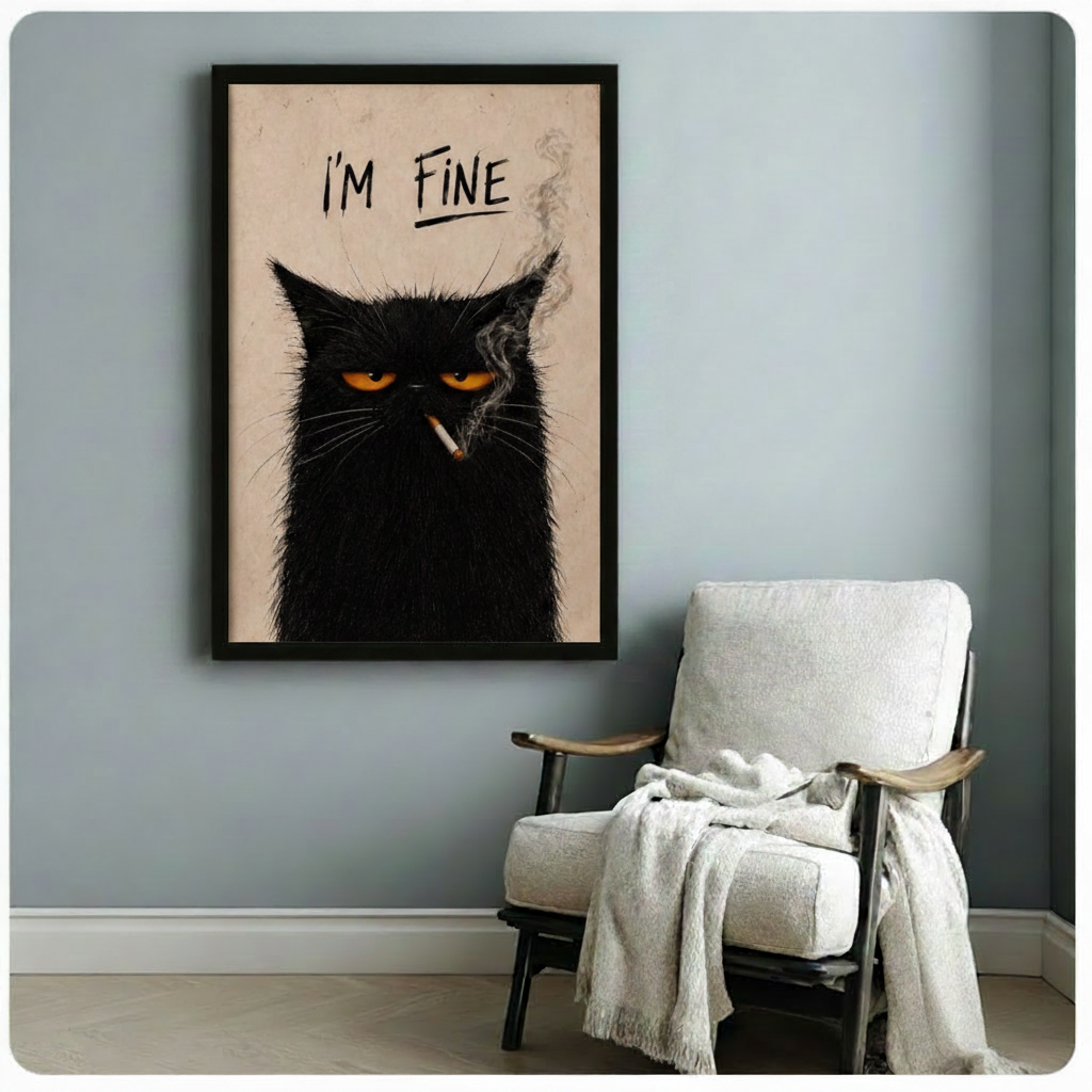 I'm Fine Black Cat Smoking Funny Canvas Print