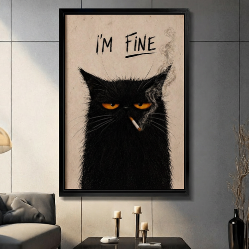 I'm Fine Black Cat Smoking Funny Canvas Print