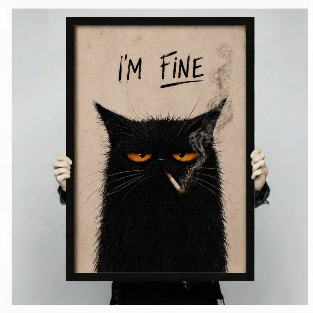 I'm Fine Black Cat Smoking Funny Canvas Print