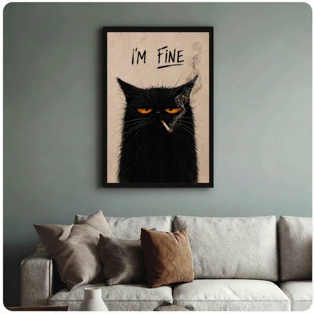 I'm Fine Black Cat Smoking Funny Canvas Print