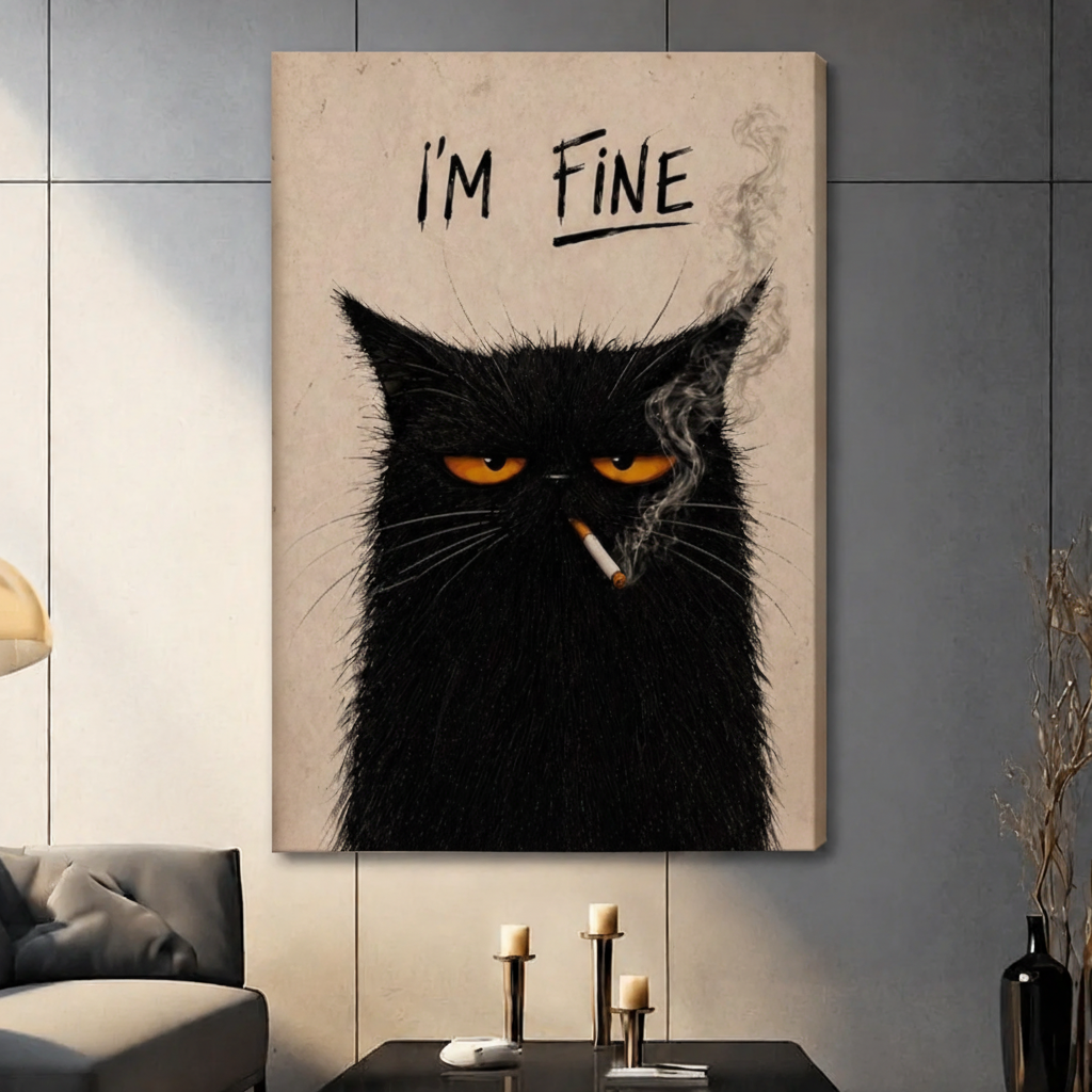 I'm Fine Black Cat Smoking Funny Canvas Print