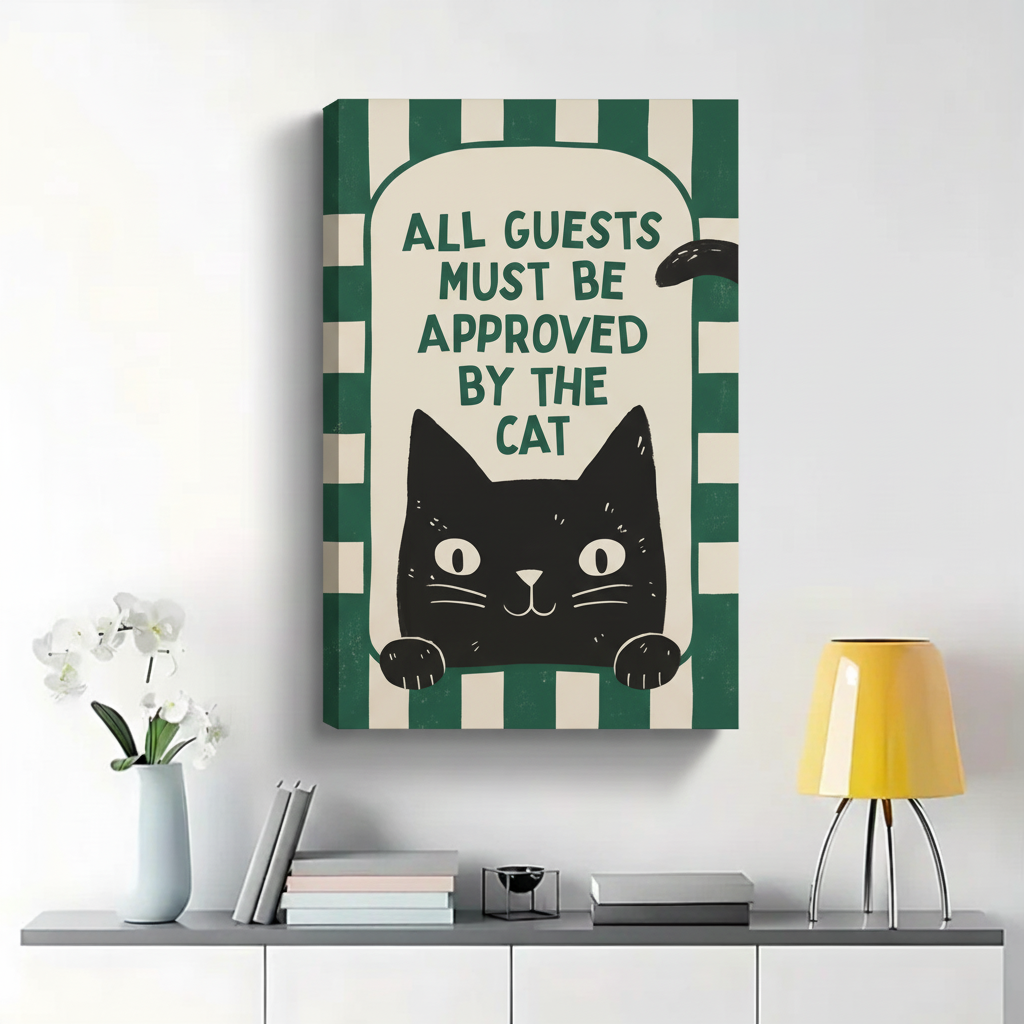 All Guests Must Be Approved By the Cat Wall Art - Green Stripe Retro Canvas Print
