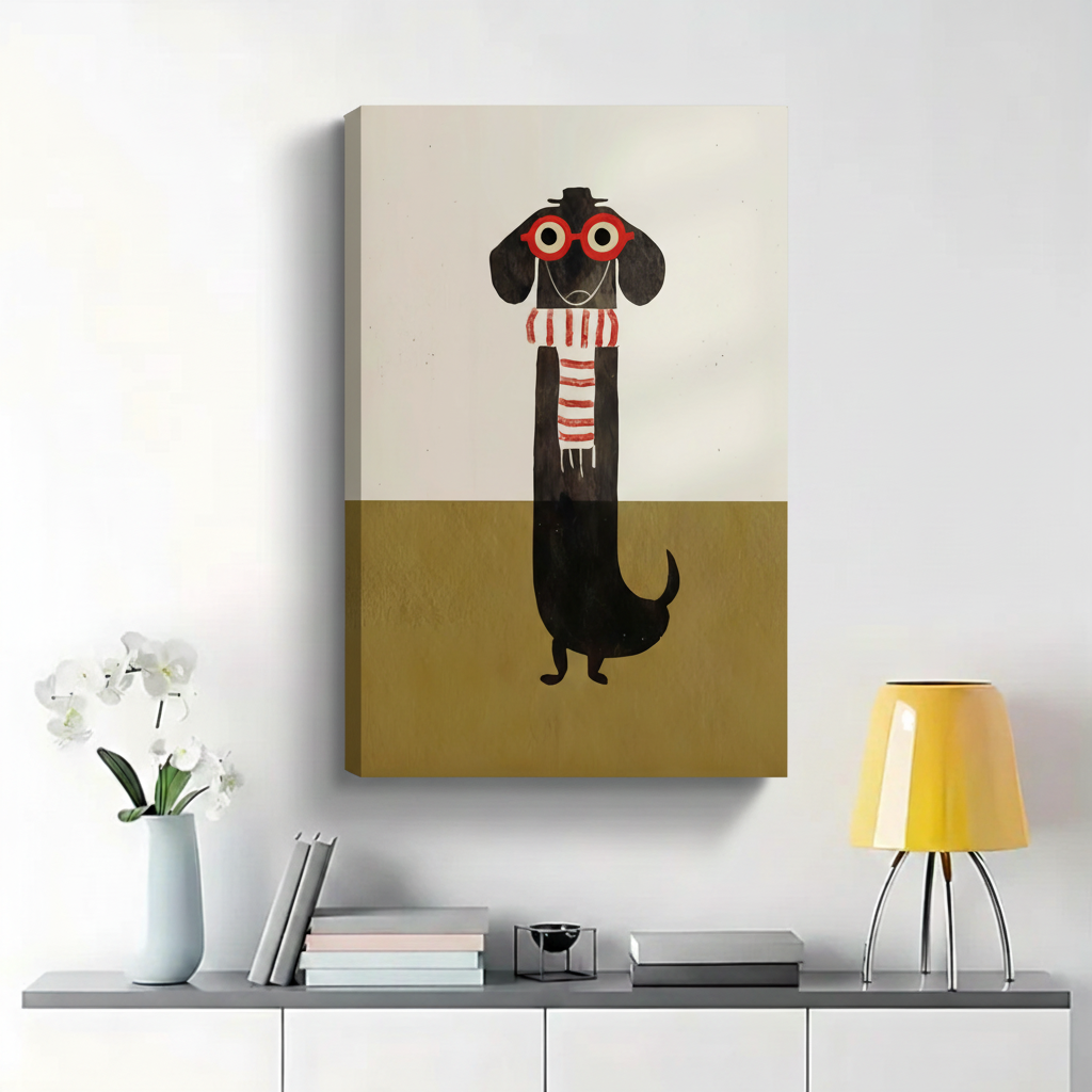 Hipster Dachshund in Glasses and Scarf Wall Art - Minimalist Illustrated Canvas Print