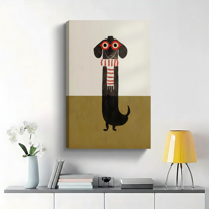 Hipster Dachshund in Glasses and Scarf Wall Art - Minimalist Illustrated Canvas Print