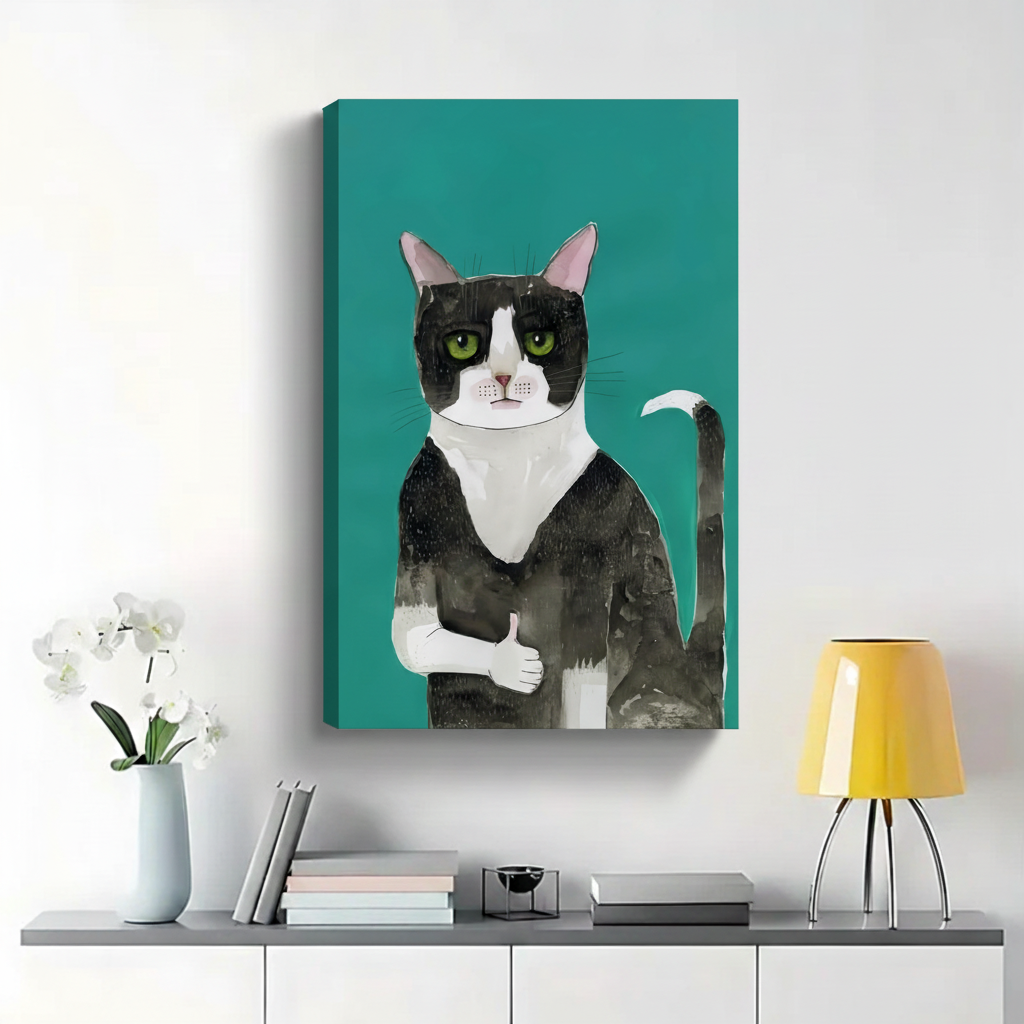 Tuxedo Cat Giving Thumbs Up Wall Art - Funny Watercolor Canvas Print