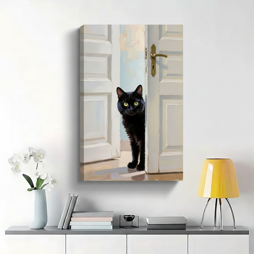 Black Cat Peeking Through Open Door Wall Art - Realistic Oil Painting Canvas Print
