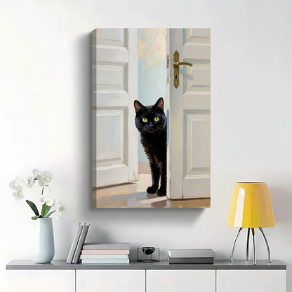 Black Cat Peeking Through Open Door Wall Art - Realistic Oil Painting Canvas Print