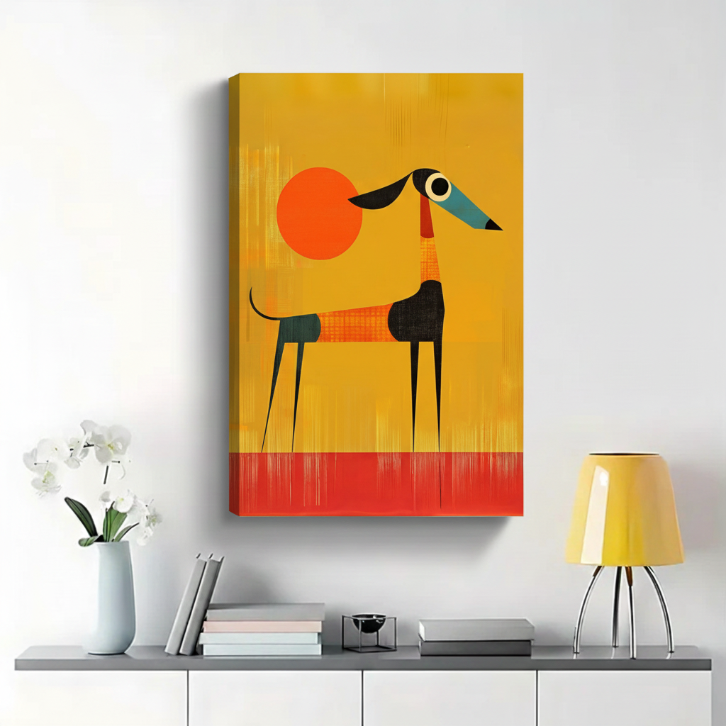 Abstract Geometric Greyhound with Orange Sun Wall Art - Mid-Century Modern Canvas Print