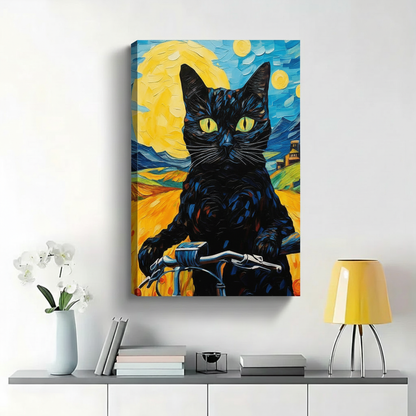 Black Cat Riding Bicycle Van Gogh Style Wall Art - Impressionist Canvas Print