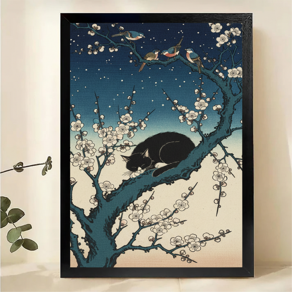 Japanese Cat on Plum Blossom Branch Canvas Wall Art - Ukiyo-e Style with Birds
