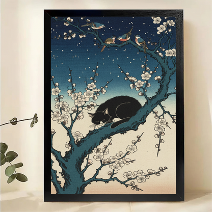 Japanese Cat on Plum Blossom Branch Canvas Wall Art - Ukiyo-e Style with Birds