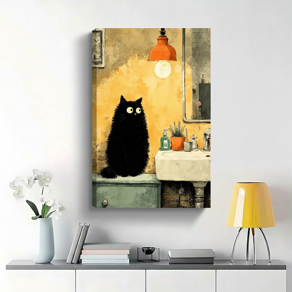 Fluffy Black Cat in Vintage Bathroom Wall Art - Whimsical Illustrated Canvas Print