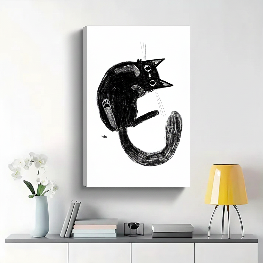 Quirky Black Cat Curled Up Wall Art - Charcoal Sketch Canvas Print