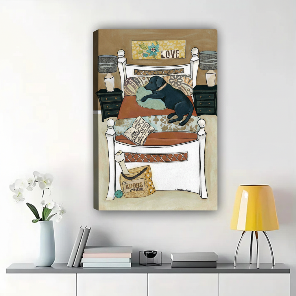 Black Lab on Bed Wall Art - Cozy Dog Home Canvas Print