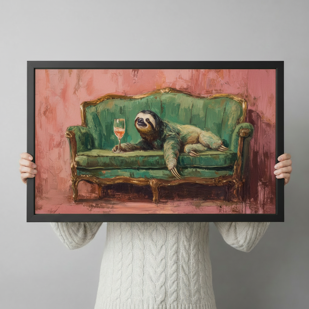 Sloth Drinking Wine Funny Canvas Wall Art