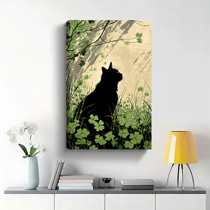 Black Cat Silhouette Among Clovers Wall Art - Japanese Woodblock Style Canvas Print