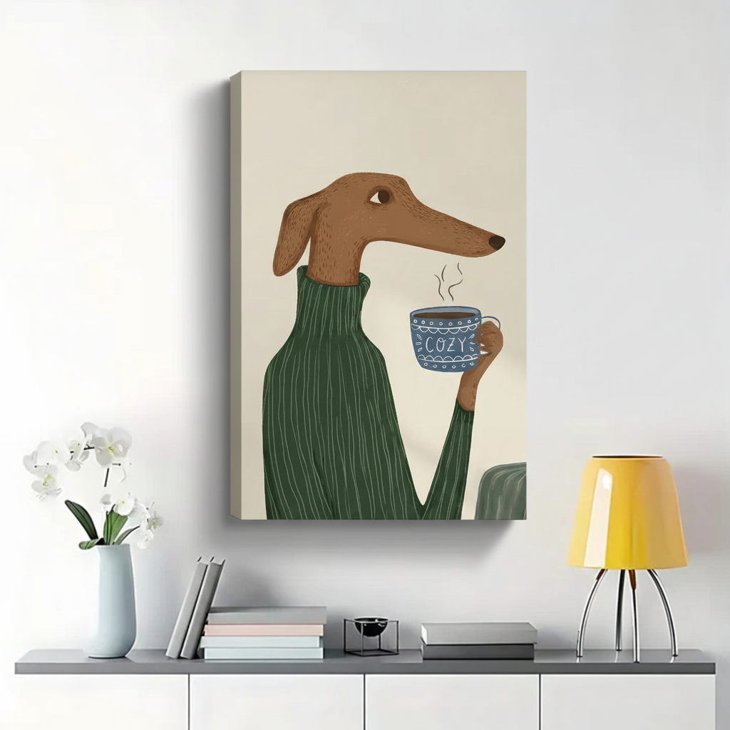 Greyhound in Green Sweater with Cozy Mug Wall Art - Cute Dog Canvas Print