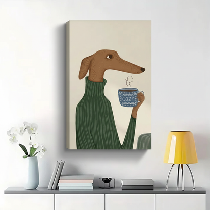 Greyhound in Green Sweater with Cozy Mug Wall Art - Cute Dog Canvas Print