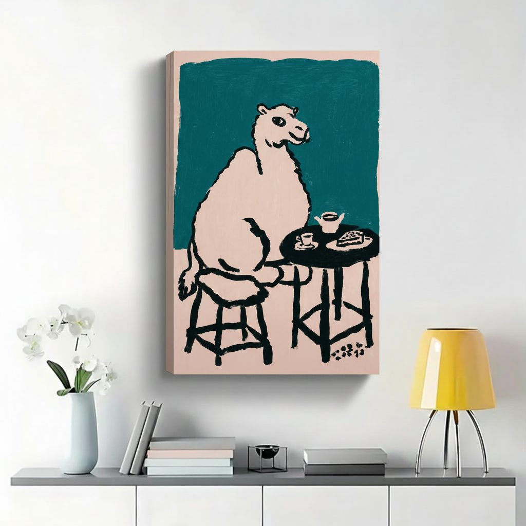 Camel at Coffee Shop Wall Art - Funny Minimalist Line Art Canvas Print