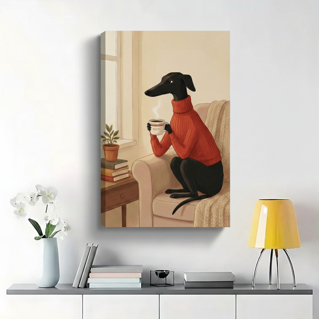 Greyhound in Red Sweater with Coffee by Window Wall Art - Cozy Illustrated Canvas Print